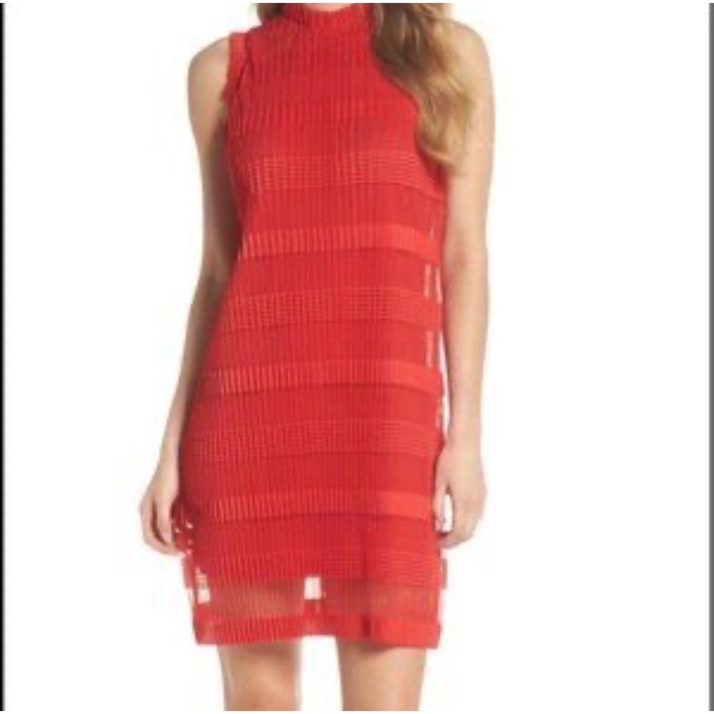 Julia Jordan Red Pleated Mesh Tiered High Neck Sleeveless Shift Dress Size 10